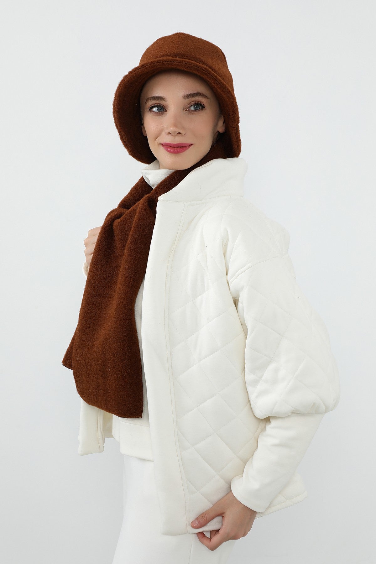 Women’s Winter Hat and Scarf Set, Soft Felted Wool Bucket Hat + Long Scarf,BAT-1DK Brown