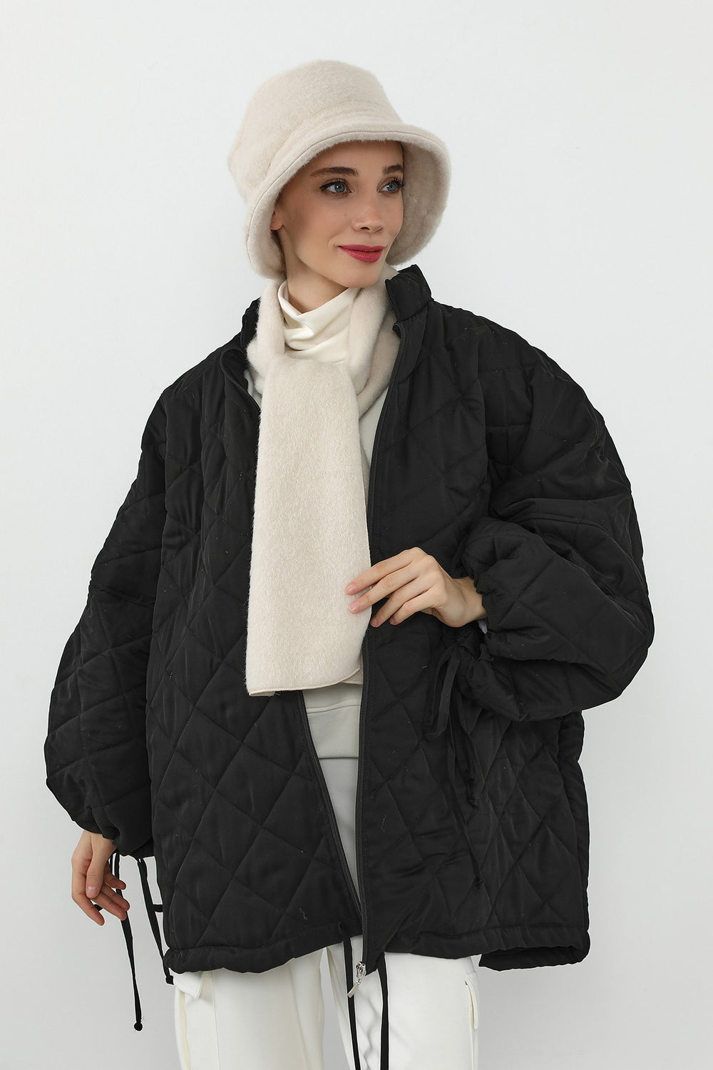Women’s Winter Hat and Scarf Set, Soft Felted Wool Bucket Hat + Long Scarf,BAT-1DK Ivory