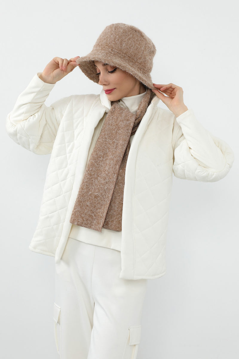 Bouclé Wool Winter Bucket Hat & Scarf Set, Cozy Textured Modest-Friendly Duo,BAT-1TK