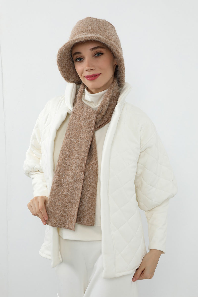 Bouclé Wool Winter Bucket Hat & Scarf Set, Cozy Textured Modest-Friendly Duo,BAT-1TK