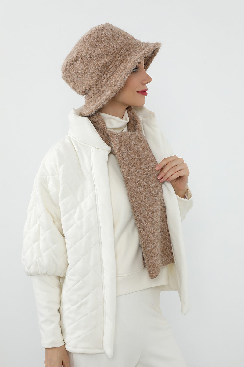 Bouclé Wool Winter Bucket Hat & Scarf Set, Cozy Textured Modest-Friendly Duo,BAT-1TK