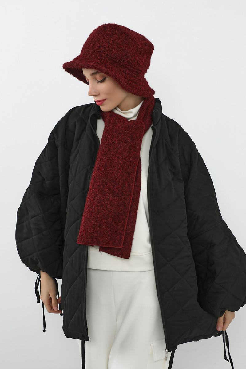 Bouclé Wool Winter Bucket Hat & Scarf Set, Cozy Textured Modest-Friendly Duo,BAT-1TK