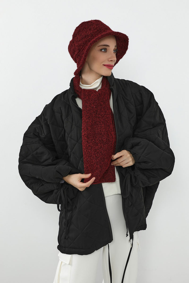 Bouclé Wool Winter Bucket Hat & Scarf Set, Cozy Textured Modest-Friendly Duo,BAT-1TK