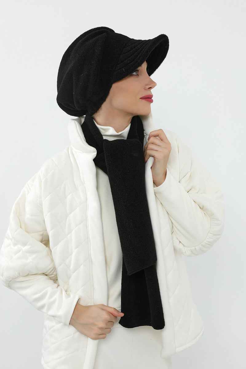 Women’s Winter Felted Wool Visor Turban & Matching Scarf Set,BAT-2DK