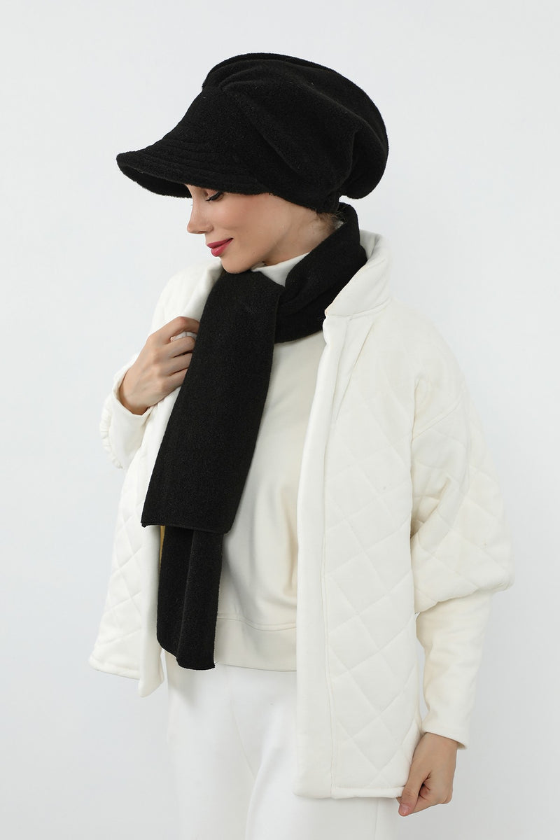 Women’s Winter Felted Wool Visor Turban & Matching Scarf Set,BAT-2DK