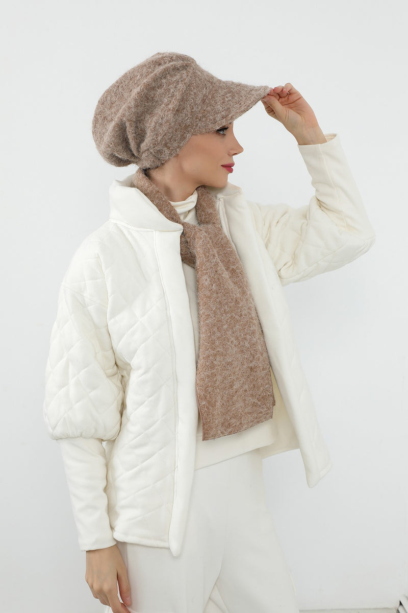Bouclé Wool Winter Visor Hijab Cap & Scarf Set, Cozy Textured Modest Winter Duo,BAT-2TK