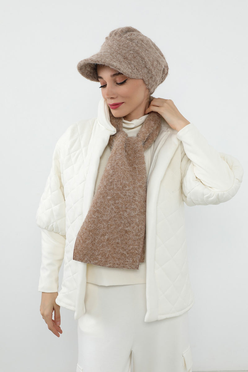 Bouclé Wool Winter Visor Hijab Cap & Scarf Set, Cozy Textured Modest Winter Duo,BAT-2TK