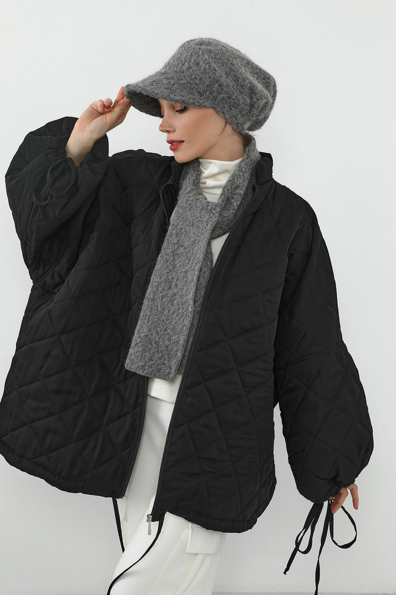 Bouclé Wool Winter Visor Hijab Cap & Scarf Set, Cozy Textured Modest Winter Duo,BAT-2TK