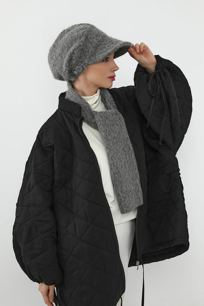 Bouclé Wool Winter Visor Hijab Cap & Scarf Set, Cozy Textured Modest Winter Duo,BAT-2TK