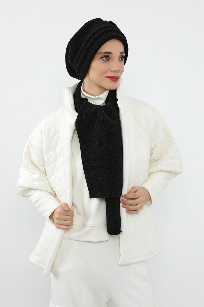 Women’s Winter Pleated Felted Wool Turban & Matching Scarf Set,BAT-3DK