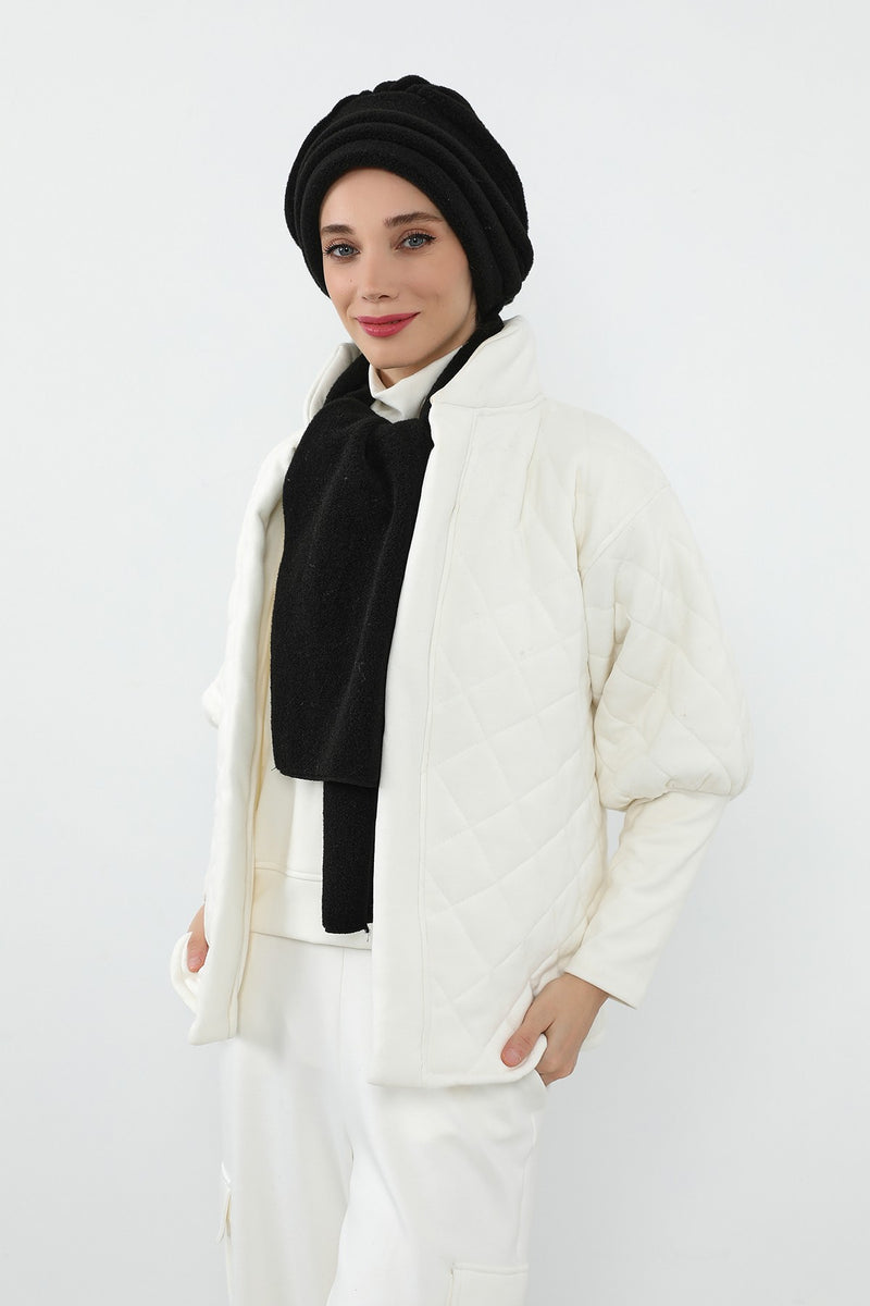 Women’s Winter Pleated Felted Wool Turban & Matching Scarf Set,BAT-3DK