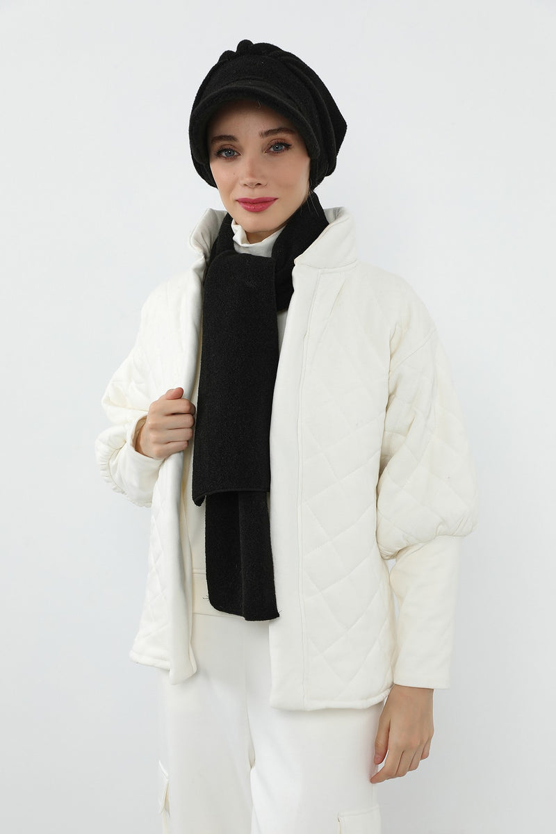 Women’s Winter Pleated Felted Wool Turban & Matching Scarf Set,BAT-3DK