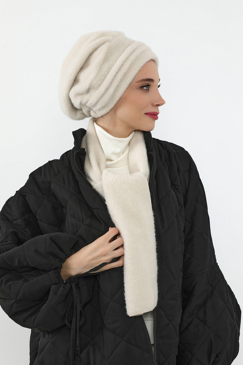 Women’s Winter Pleated Felted Wool Turban & Matching Scarf Set,BAT-3DK
