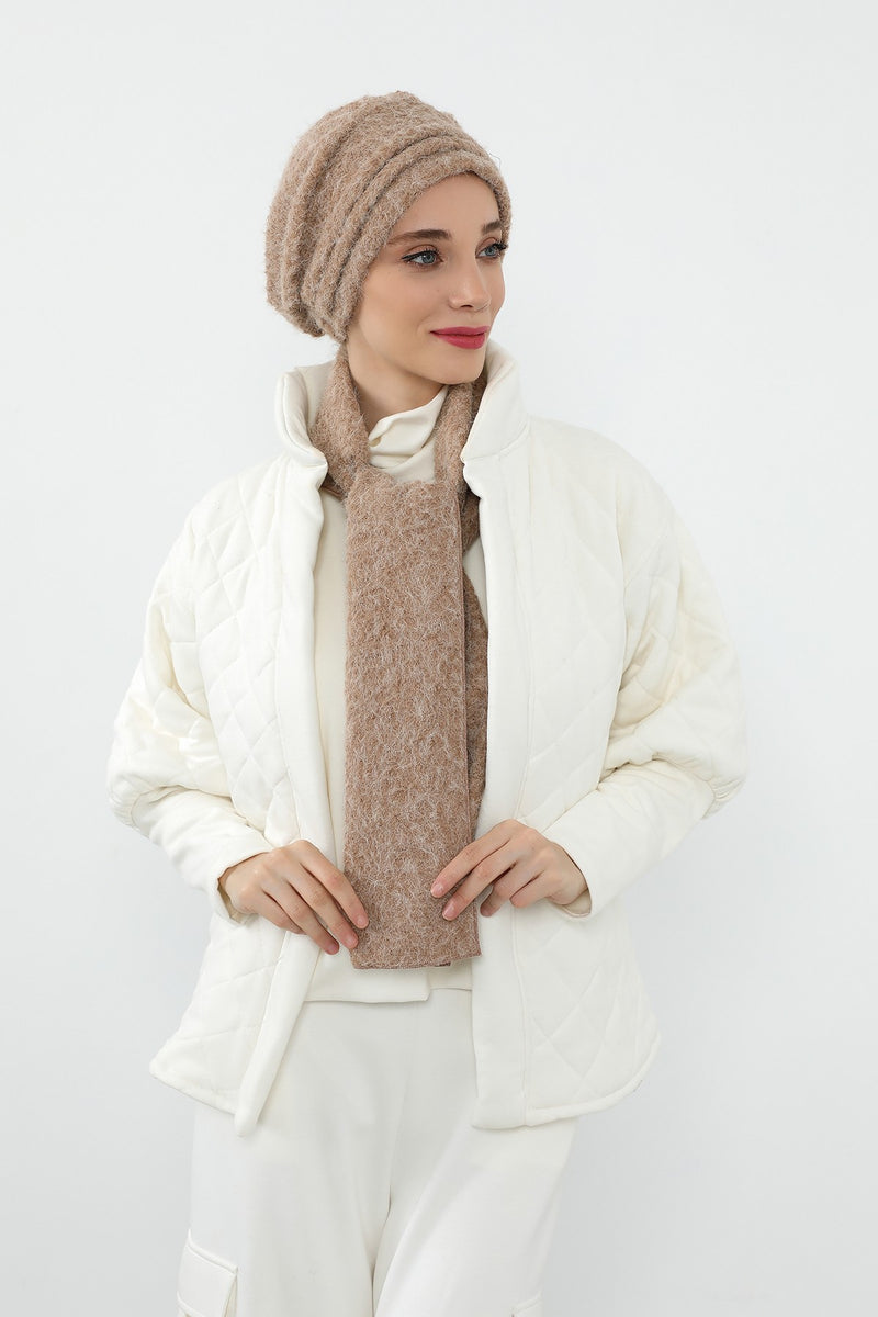 Pleated Bouclé Wool Winter Hijab Cap & Scarf Set, Soft Textured Cozy Modest Wear,BAT-3TK
