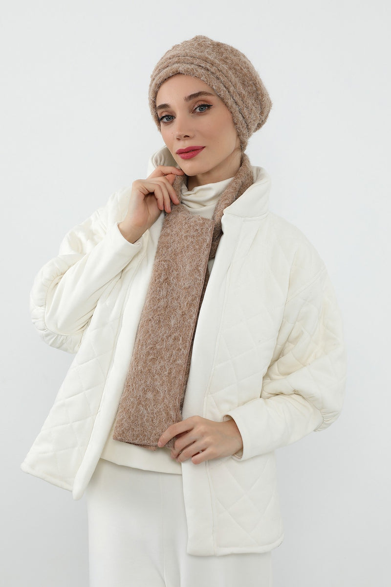 Pleated Bouclé Wool Winter Hijab Cap & Scarf Set, Soft Textured Cozy Modest Wear,BAT-3TK