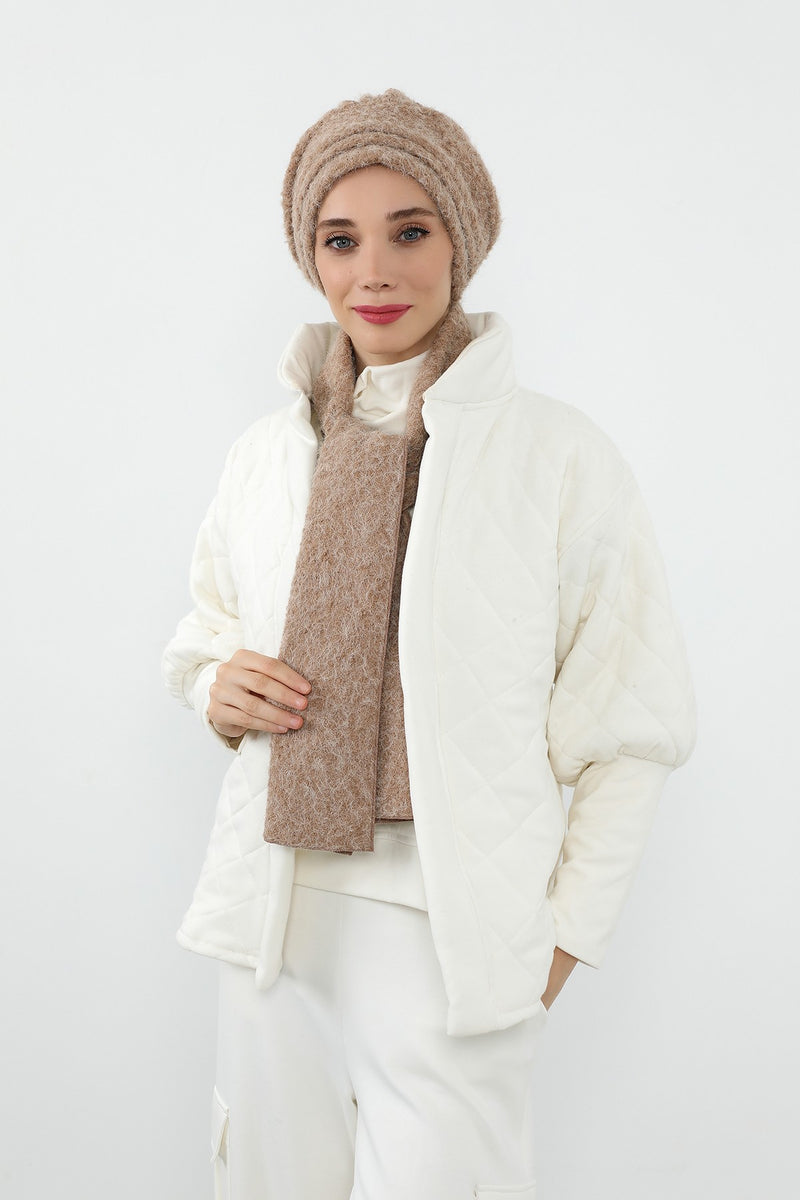 Pleated Bouclé Wool Winter Hijab Cap & Scarf Set, Soft Textured Cozy Modest Wear,BAT-3TK
