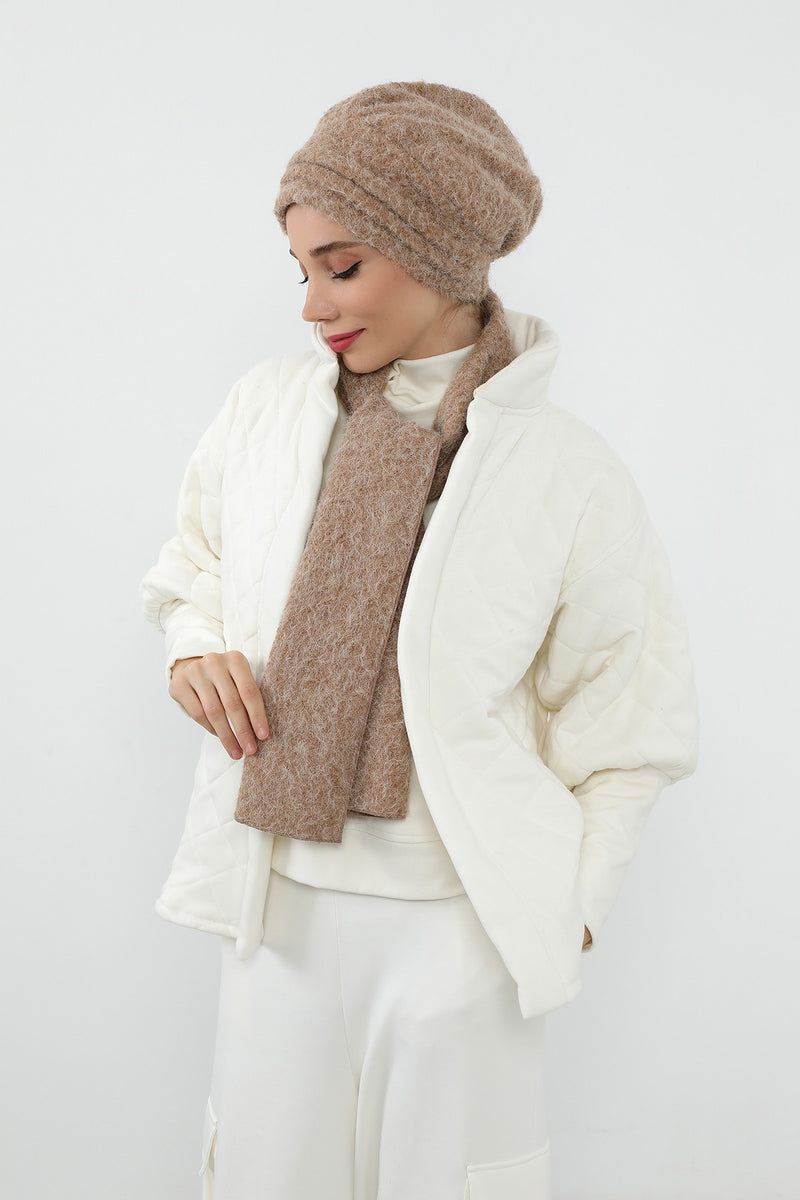 Pleated Bouclé Wool Winter Hijab Cap & Scarf Set, Soft Textured Cozy Modest Wear,BAT-3TK