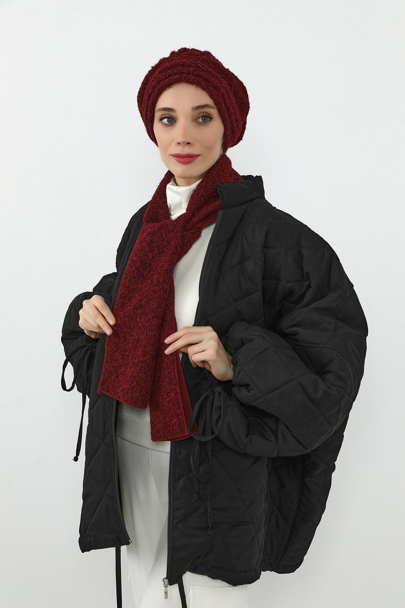 Pleated Bouclé Wool Winter Hijab Cap & Scarf Set, Soft Textured Cozy Modest Wear,BAT-3TK