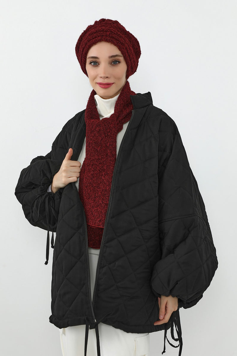 Pleated Bouclé Wool Winter Hijab Cap & Scarf Set, Soft Textured Cozy Modest Wear,BAT-3TK