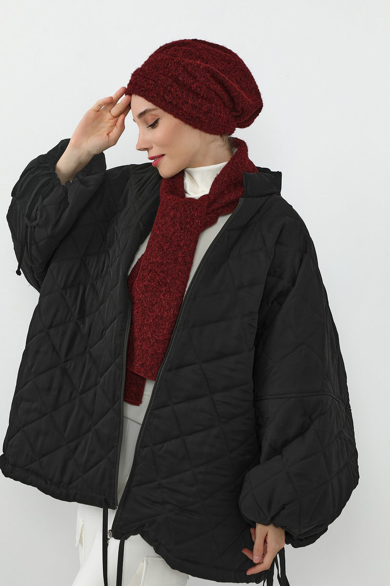 Pleated Bouclé Wool Winter Hijab Cap & Scarf Set, Soft Textured Cozy Modest Wear,BAT-3TK