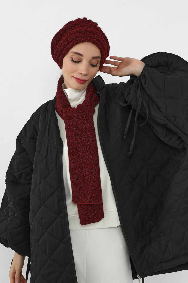Pleated Bouclé Wool Winter Hijab Cap & Scarf Set, Soft Textured Cozy Modest Wear,BAT-3TK