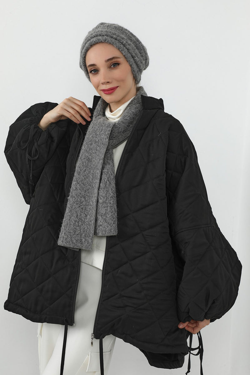 Pleated Bouclé Wool Winter Hijab Cap & Scarf Set, Soft Textured Cozy Modest Wear,BAT-3TK