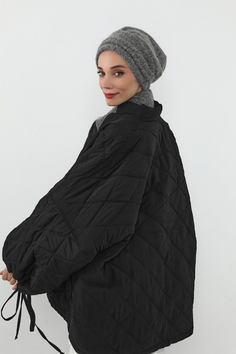 Pleated Bouclé Wool Winter Hijab Cap & Scarf Set, Soft Textured Cozy Modest Wear,BAT-3TK