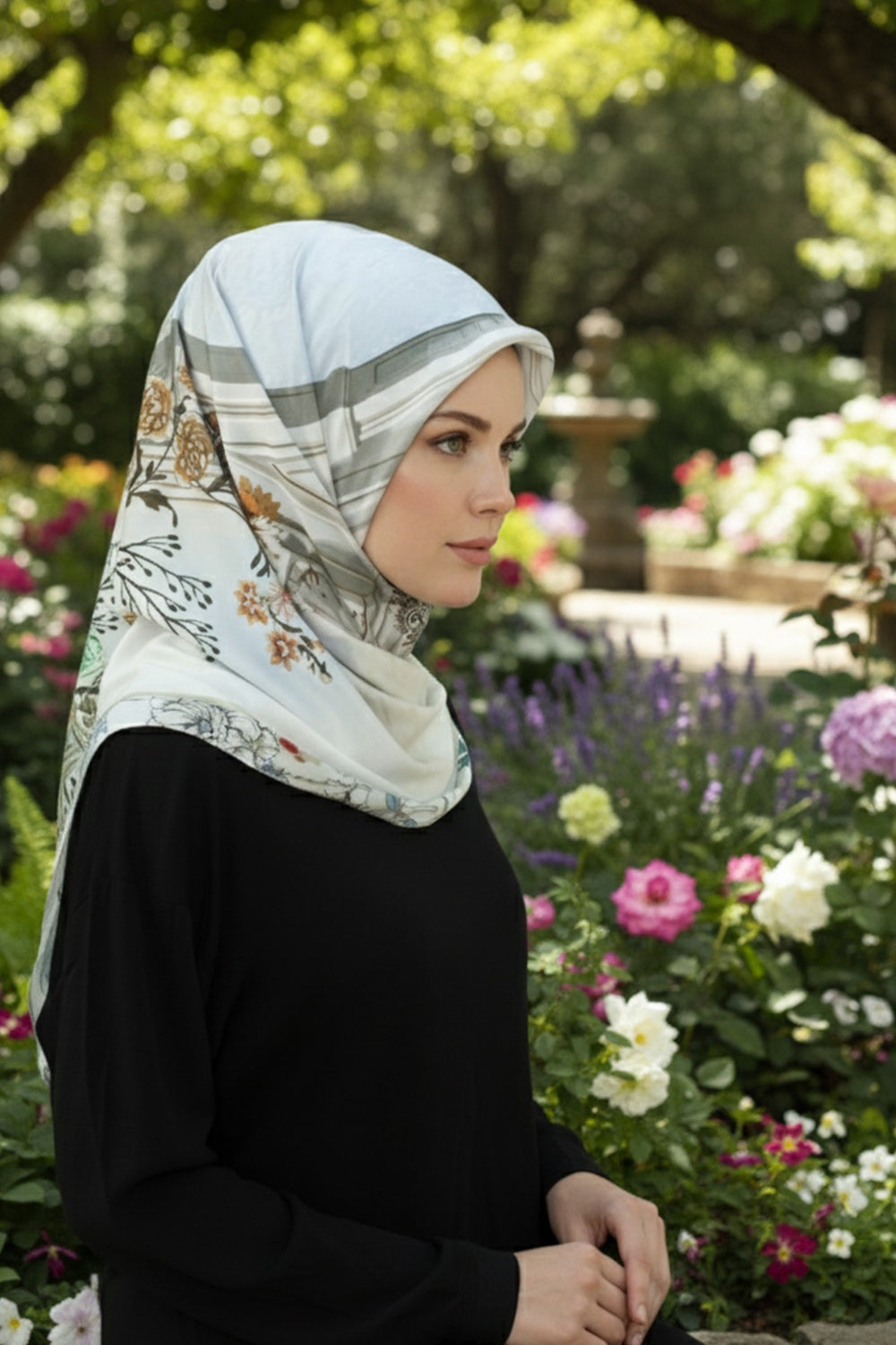 Printed Voile Square Scarf for Women, Lightweight 100% Polyester Elegant Square Hijab,ES-202 Pattern V1