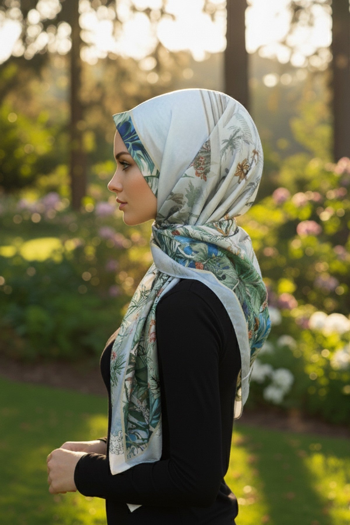 Printed Voile Square Scarf for Women, Lightweight 100% Polyester Elegant Square Hijab,ES-202 Pattern V1