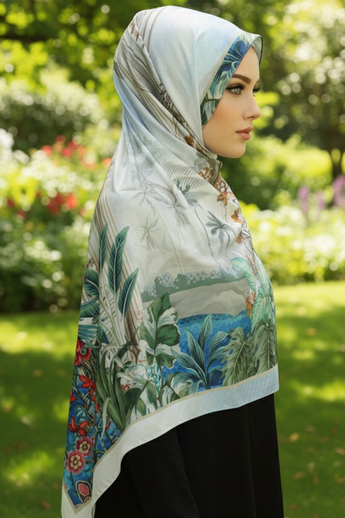 Printed Voile Square Scarf for Women, Lightweight 100% Polyester Elegant Square Hijab,ES-202 Pattern V1