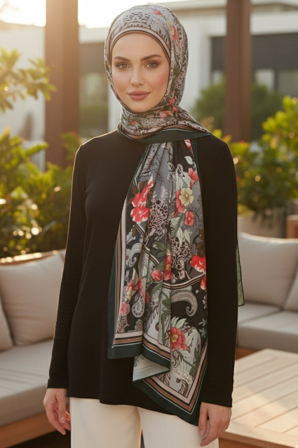 Adjustable Printed Voile Easy Hijab Scarf, Back-Tie Polyester Practical Patterned Shawl,PS-201 Pattern V1