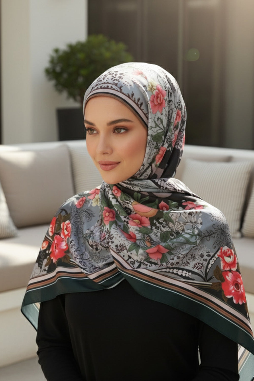 Adjustable Printed Voile Easy Hijab Scarf, Back-Tie Polyester Practical Patterned Shawl,PS-201 Pattern V1