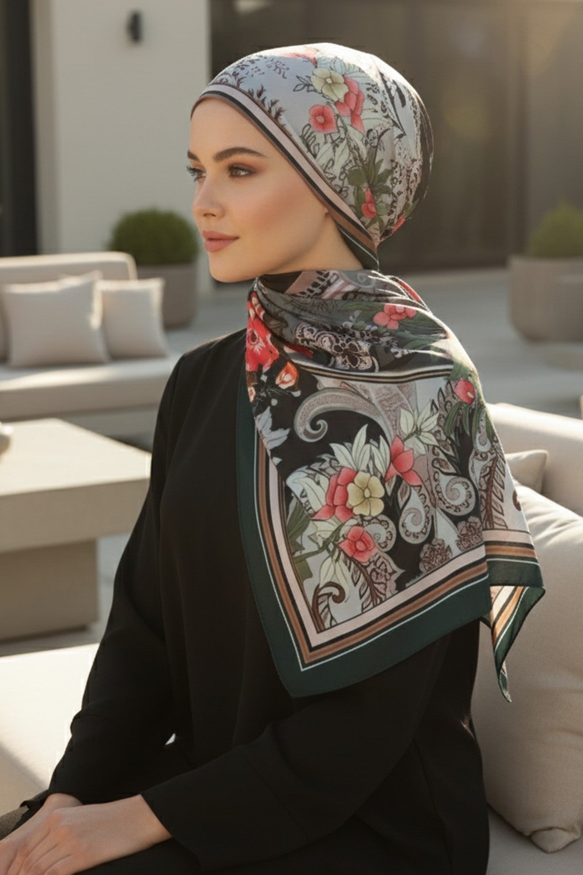 Adjustable Printed Voile Easy Hijab Scarf, Back-Tie Polyester Practical Patterned Shawl,PS-201 Pattern V1