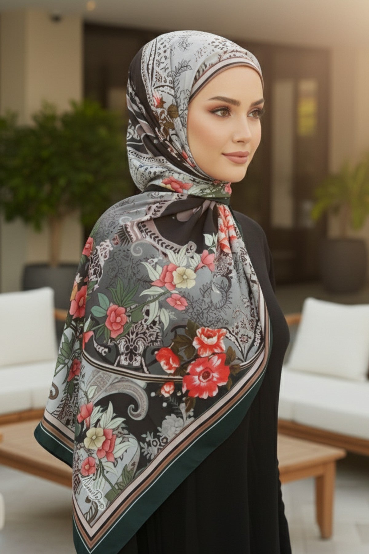 Adjustable Printed Voile Easy Hijab Scarf, Back-Tie Polyester Practical Patterned Shawl,PS-201 Pattern V1