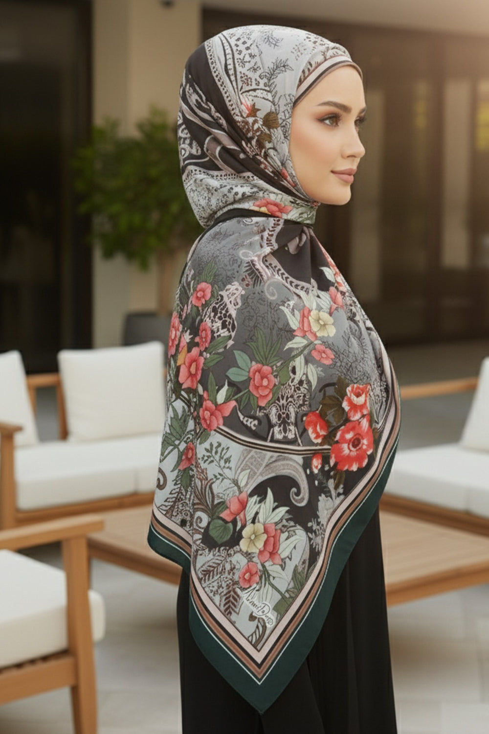Adjustable Printed Voile Easy Hijab Scarf, Back-Tie Polyester Practical Patterned Shawl,PS-201 Pattern V1