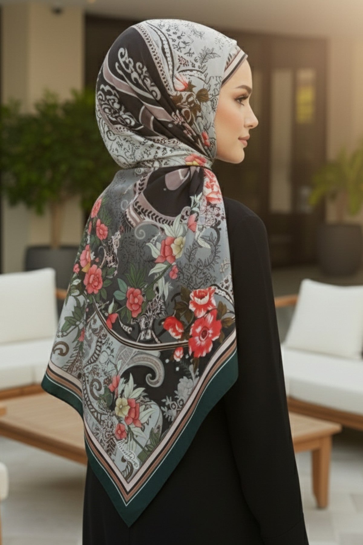 Adjustable Printed Voile Easy Hijab Scarf, Back-Tie Polyester Practical Patterned Shawl,PS-201 Pattern V1