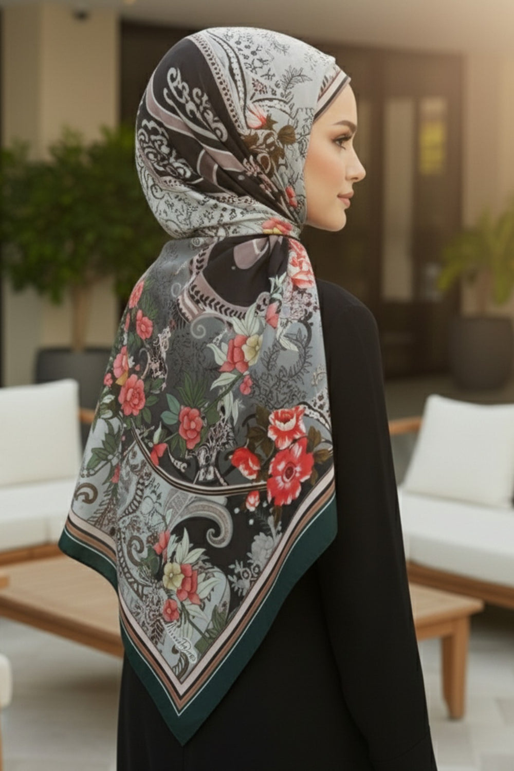 Adjustable Printed Voile Easy Hijab Scarf, Back-Tie Polyester Practical Patterned Shawl,PS-201 Pattern V1