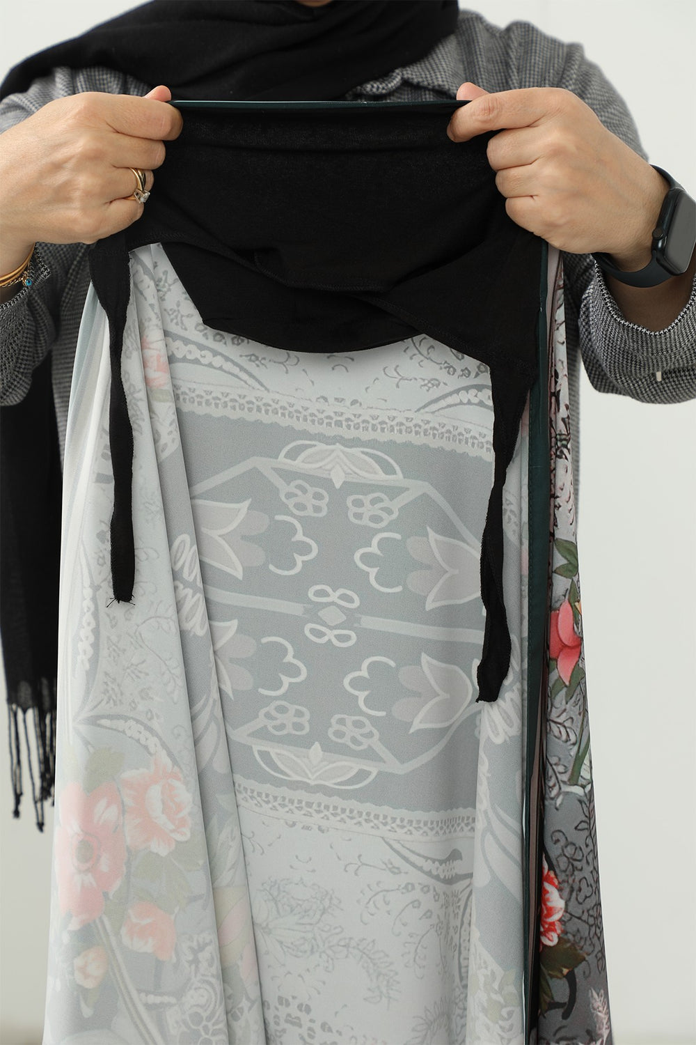 Adjustable Printed Voile Easy Hijab Scarf, Back-Tie Polyester Practical Patterned Shawl,PS-201 Pattern V1