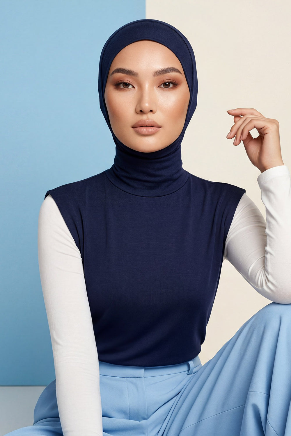 One-Piece Jersey Hijab & Neck Cover Set, Full Coverage Bonnet,DK-2 Navy Blue