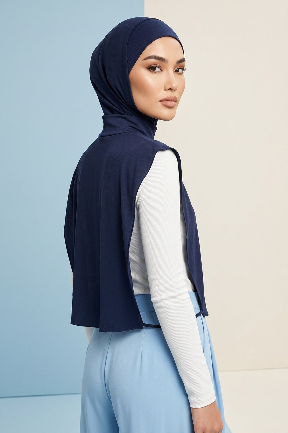 One-Piece Jersey Hijab & Neck Cover Set, Full Coverage Bonnet,DK-2 Navy Blue
