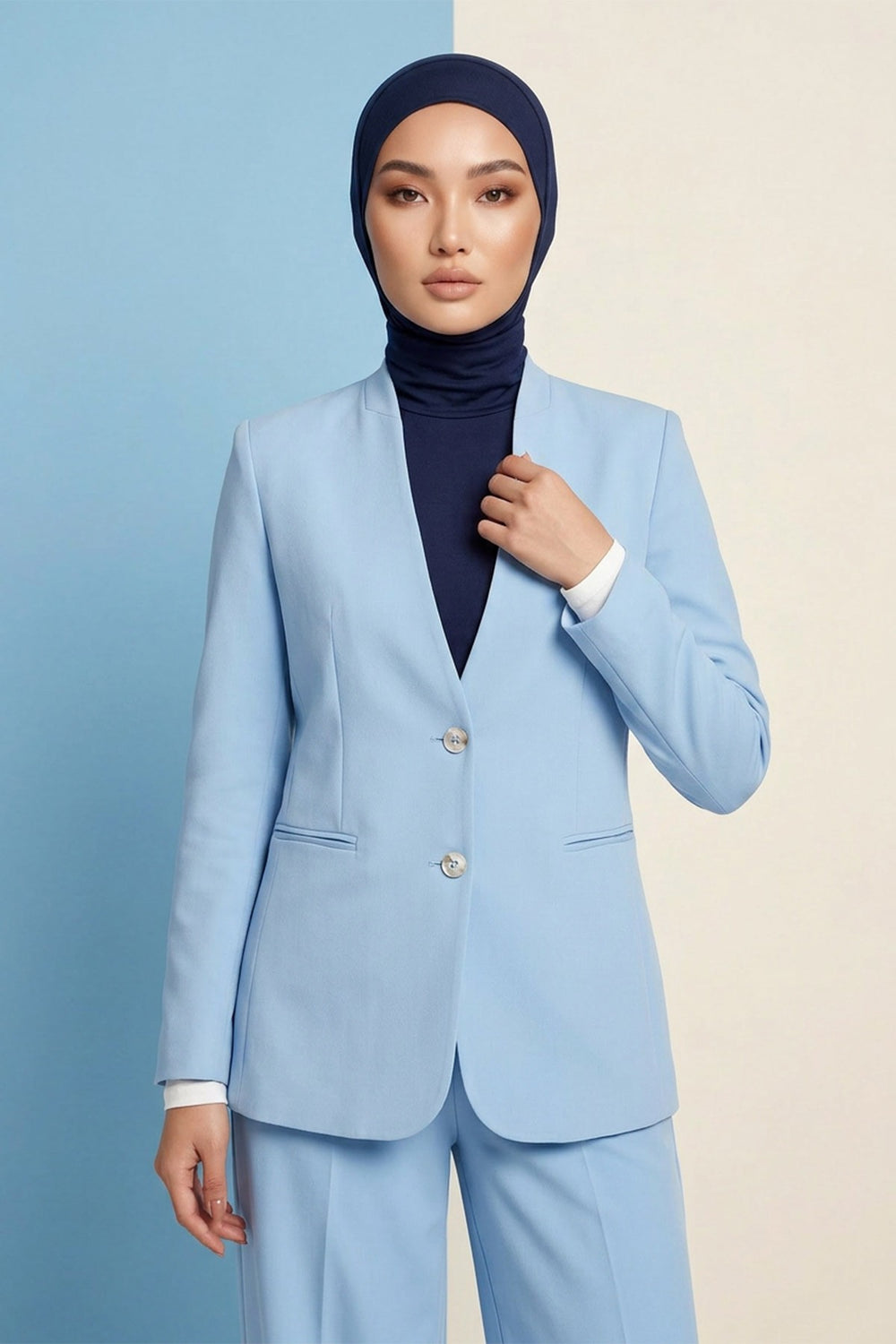One-Piece Jersey Hijab & Neck Cover Set, Full Coverage Bonnet,DK-2 Navy Blue
