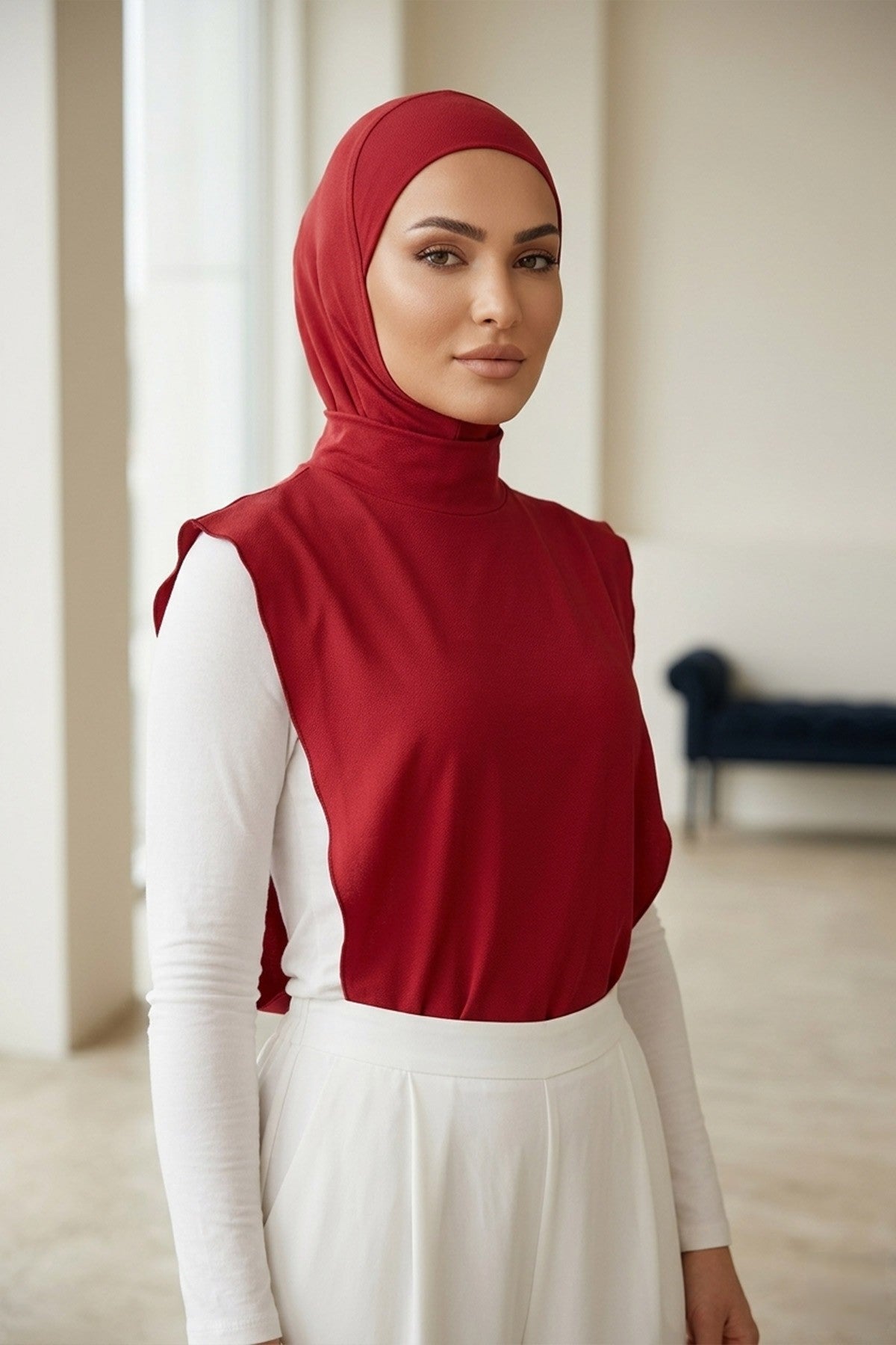 One-Piece Jersey Hijab & Neck Cover Set, Full Coverage Bonnet,DK-2 Maroon