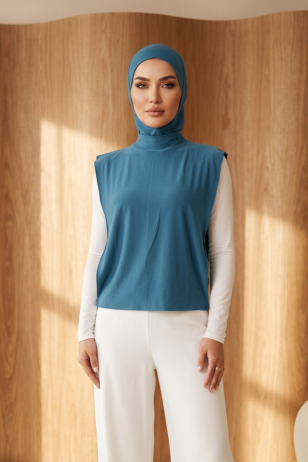 One-Piece Jersey Hijab & Neck Cover Set, Full Coverage Bonnet,DK-2 Petrol Blue