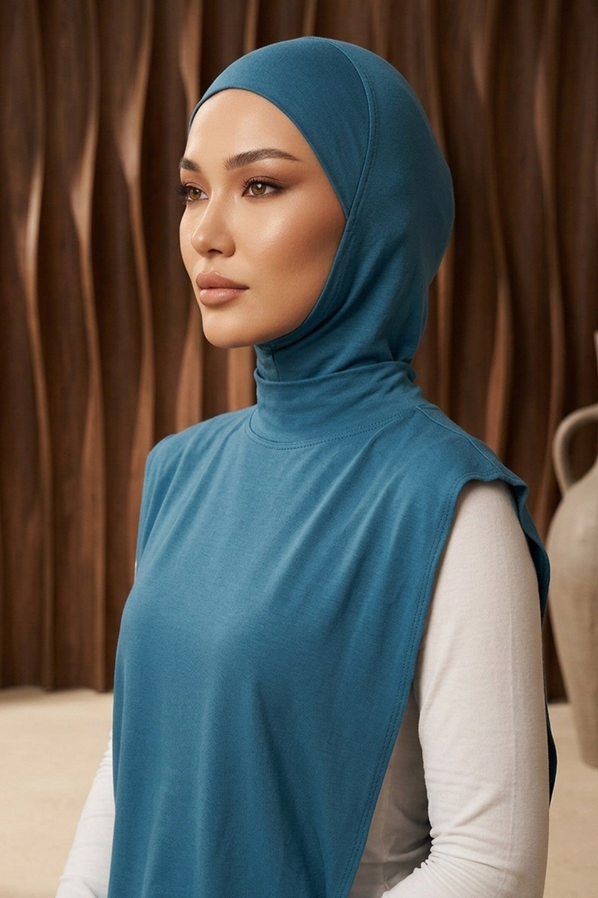 One-Piece Jersey Hijab & Neck Cover Set, Full Coverage Bonnet,DK-2 Petrol Blue