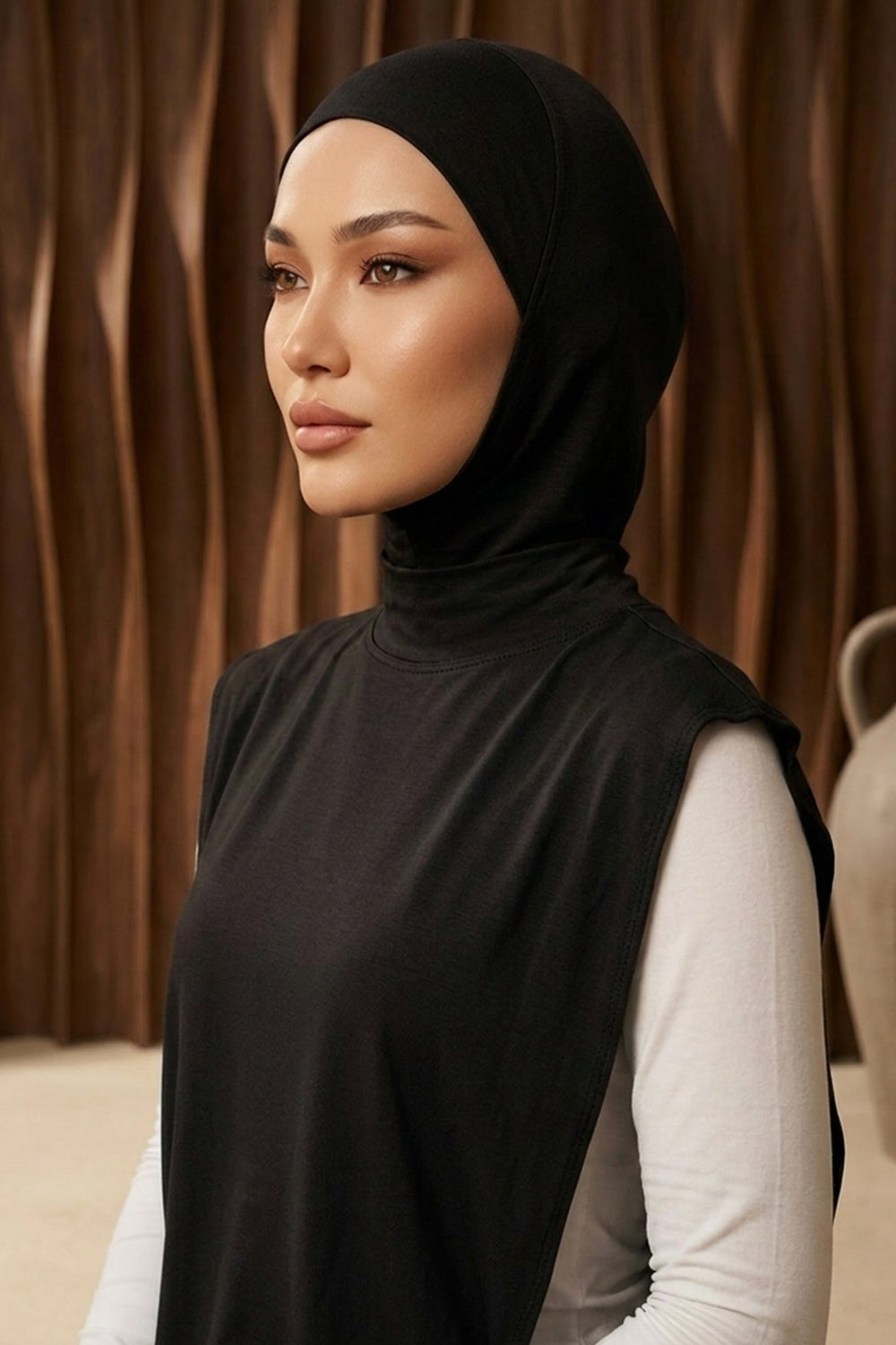 One-Piece Jersey Hijab & Neck Cover Set, Full Coverage Bonnet,DK-2 Black