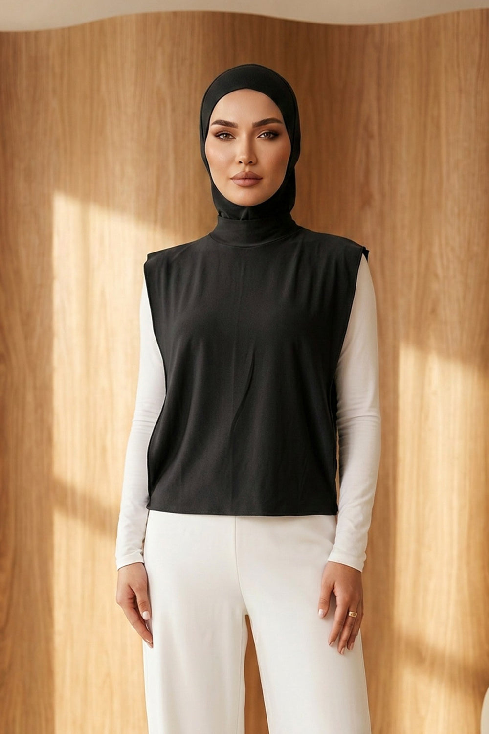 One-Piece Jersey Hijab & Neck Cover Set, Full Coverage Bonnet,DK-2 Black