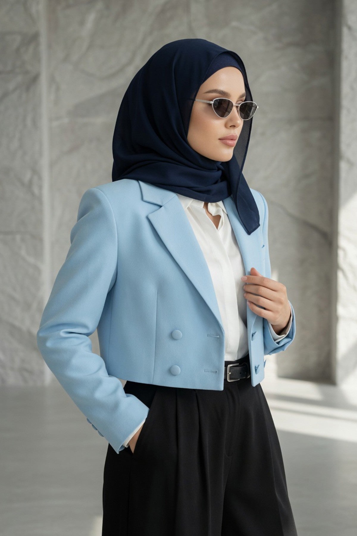 Non-Slip Chiffon Shawl Hijab with Built-In Cotton Undercap, Easy Styling Ready-to-Wear Hijab,PS-62 Navy Blue