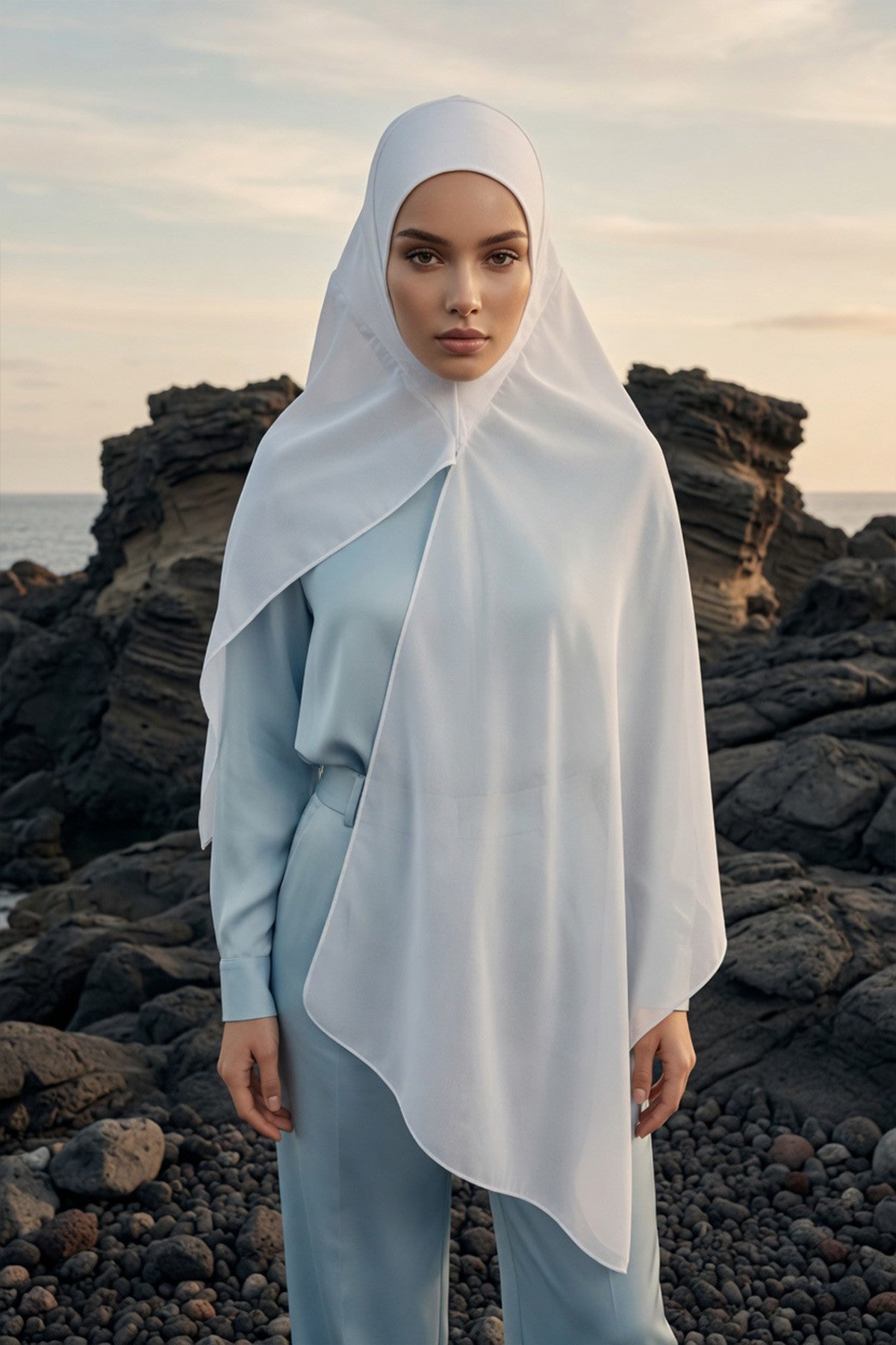 Non-Slip Chiffon Shawl Hijab with Built-In Cotton Undercap, Easy Styling Ready-to-Wear Hijab,PS-62 White