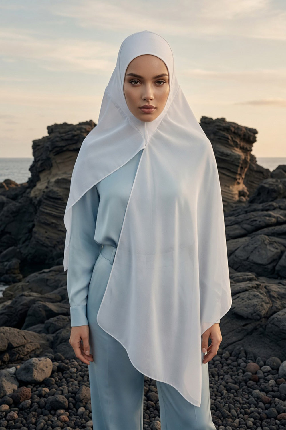 Non-Slip Chiffon Shawl Hijab with Built-In Cotton Undercap, Easy Styling Ready-to-Wear Hijab,PS-62 White