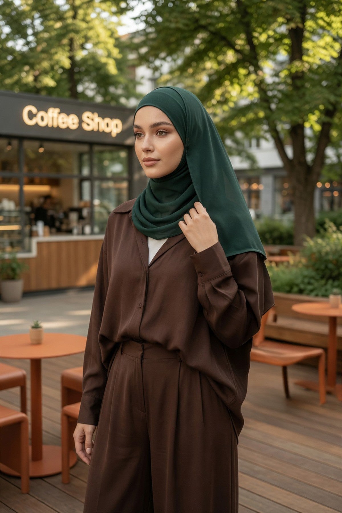 Non-Slip Chiffon Shawl Hijab with Built-In Cotton Undercap, Easy Styling Ready-to-Wear Hijab,PS-62 Dark Green